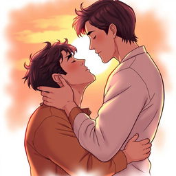 A romantic scene depicting two men sharing a tender kiss, showcasing deep affection and connection