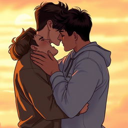 A romantic scene depicting two men sharing a tender kiss, showcasing deep affection and connection