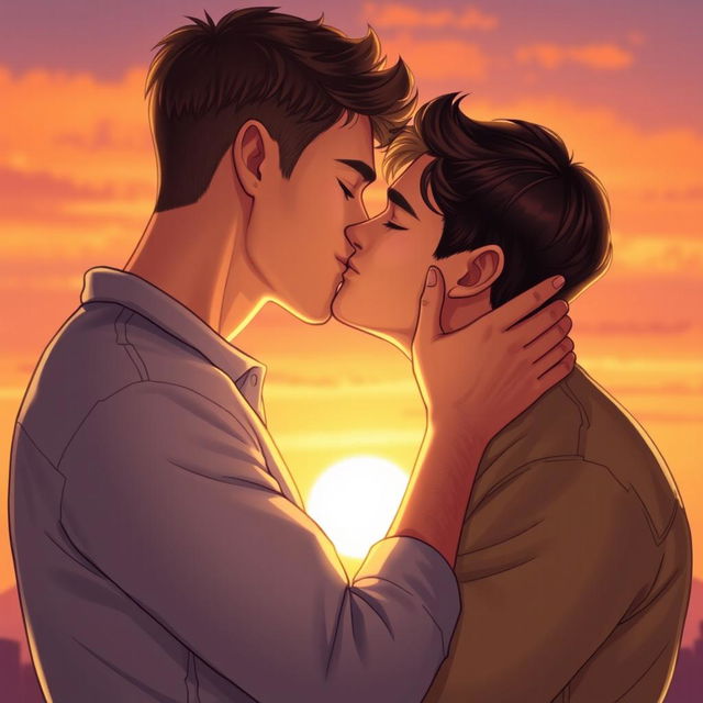 A romantic scene depicting two men sharing a tender kiss, showcasing deep affection and connection