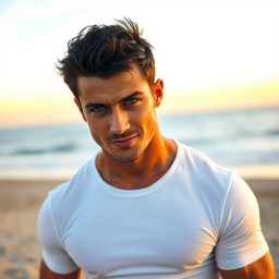 A strikingly attractive, muscular man with chiseled features and a confident stance