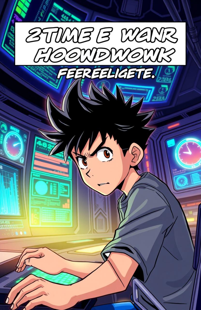 A vibrant comic book panel featuring a young anime boy with spiky hair, wearing a full sleeve grey t-shirt, intensely focused as he sits in front of a futuristic computer console
