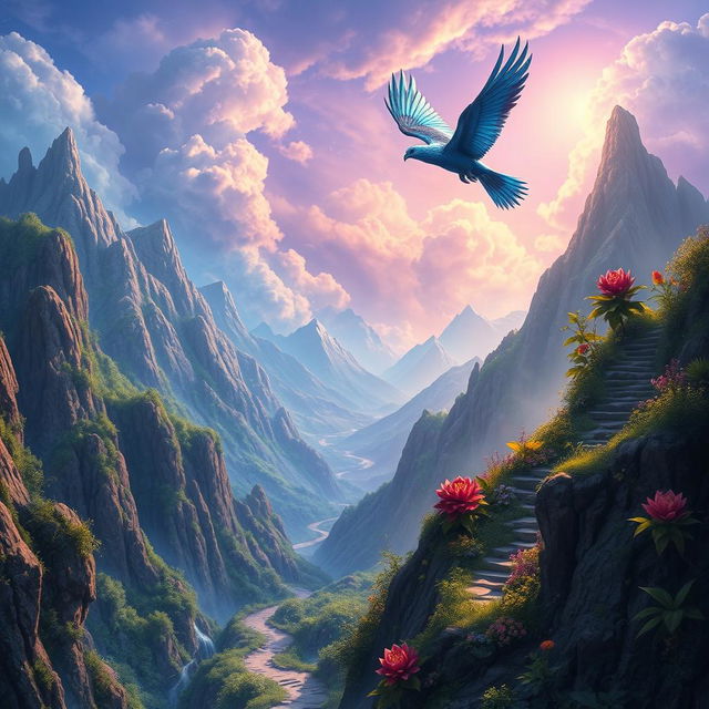 A vibrant fantasy world filled with lush, exotic landscapes and dangerous trails winding through towering mountains