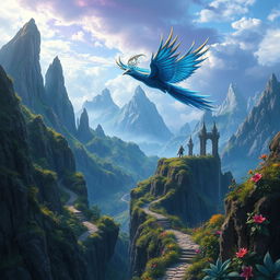 A vibrant fantasy world filled with lush, exotic landscapes and dangerous trails winding through towering mountains