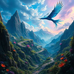 A vibrant fantasy world filled with lush, exotic landscapes and dangerous trails winding through towering mountains