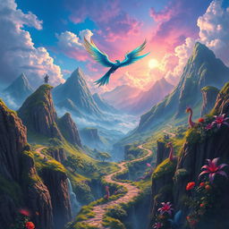 A vibrant fantasy world filled with lush, exotic landscapes and dangerous trails winding through towering mountains