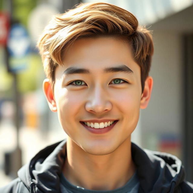 A portrait of a Korean man with light brown hair and striking light green eyes, showcasing a warm and friendly smile