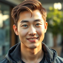 A portrait of a Korean man with light brown hair and striking light green eyes, showcasing a warm and friendly smile