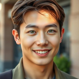 A portrait of a Korean man with light brown hair and striking light green eyes, showcasing a warm and friendly smile