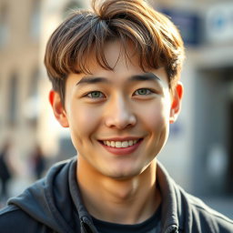 A portrait of a Korean man with light brown hair and striking light green eyes, showcasing a warm and friendly smile