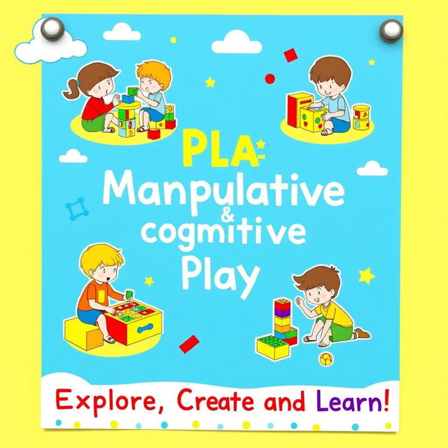 A vibrant and engaging classroom poster designed for basic school children, showcasing the theme of manipulative and cognitive play