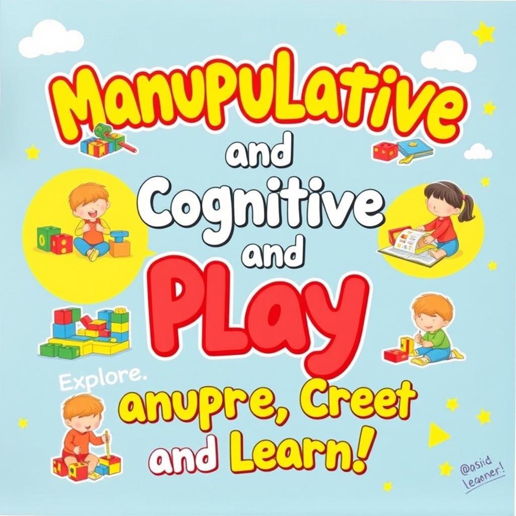 A vibrant and engaging classroom poster designed for basic school children, showcasing the theme of manipulative and cognitive play
