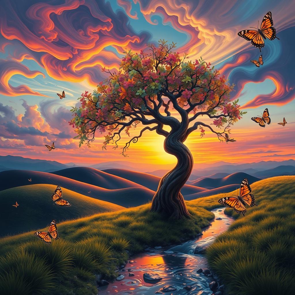A surreal landscape featuring a vibrant, dreamlike sunset over rolling hills, with abstract shapes and colorful clouds swirling in the sky