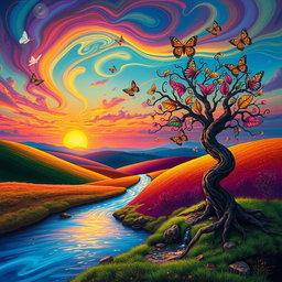 A surreal landscape featuring a vibrant, dreamlike sunset over rolling hills, with abstract shapes and colorful clouds swirling in the sky