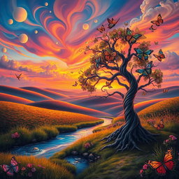 A surreal landscape featuring a vibrant, dreamlike sunset over rolling hills, with abstract shapes and colorful clouds swirling in the sky