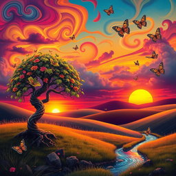 A surreal landscape featuring a vibrant, dreamlike sunset over rolling hills, with abstract shapes and colorful clouds swirling in the sky