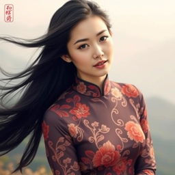 A beautiful woman wearing a traditional Chinese cheongsam, which is elegantly styled with intricate floral patterns