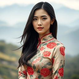 A beautiful woman wearing a traditional Chinese cheongsam, which is elegantly styled with intricate floral patterns
