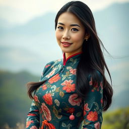 A beautiful woman wearing a traditional Chinese cheongsam, which is elegantly styled with intricate floral patterns
