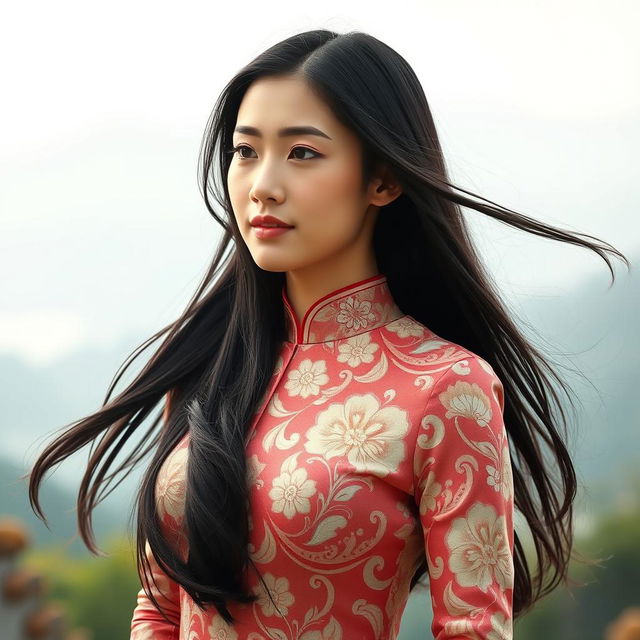 A beautiful woman wearing a traditional Chinese cheongsam, which is elegantly styled with intricate floral patterns