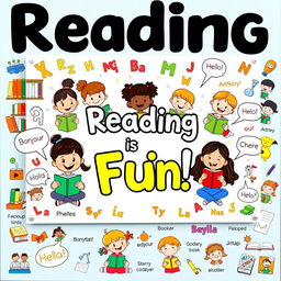 A colorful and inviting classroom poster themed around Reading and Language, featuring joyful cartoon characters of diverse children happily reading books