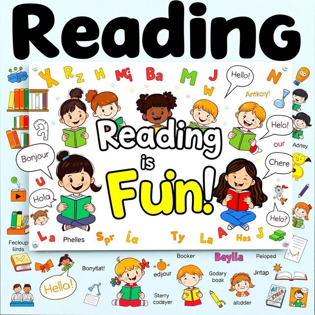 A colorful and inviting classroom poster themed around Reading and Language, featuring joyful cartoon characters of diverse children happily reading books
