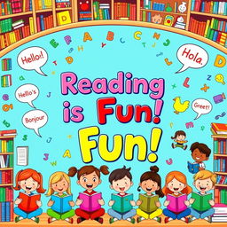 A colorful and inviting classroom poster themed around Reading and Language, featuring joyful cartoon characters of diverse children happily reading books