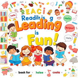 A colorful and inviting classroom poster themed around Reading and Language, featuring joyful cartoon characters of diverse children happily reading books