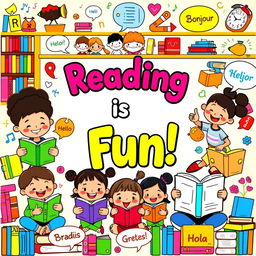 A colorful and inviting classroom poster themed around Reading and Language, featuring joyful cartoon characters of diverse children happily reading books