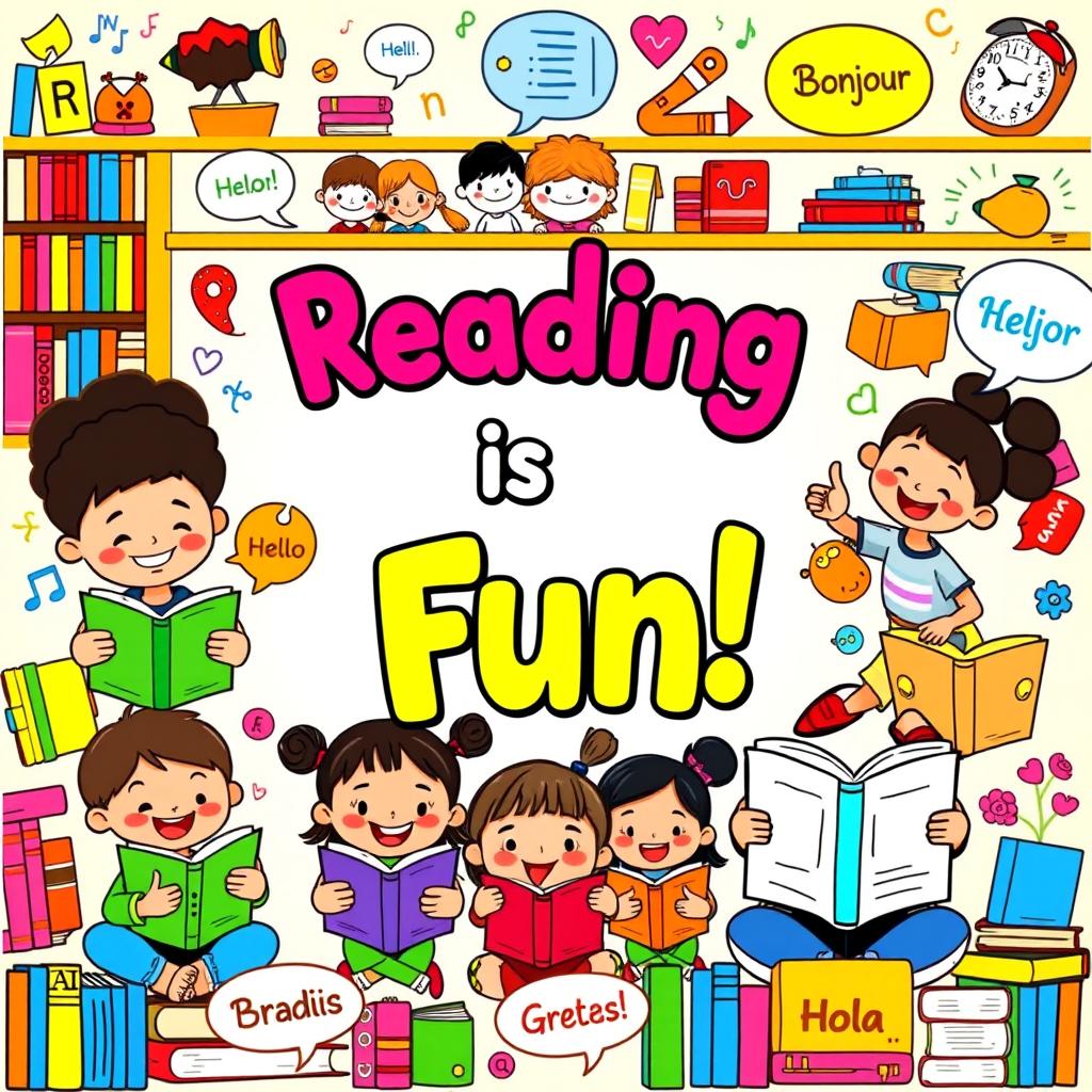 A colorful and inviting classroom poster themed around Reading and Language, featuring joyful cartoon characters of diverse children happily reading books