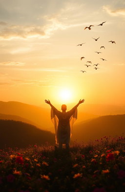 A serene landscape depicting a sunrise over gentle hills, casting warm golden light and soft pastels in the sky