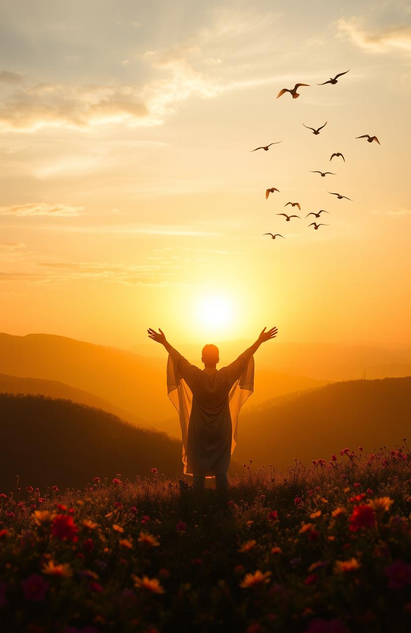 A serene landscape depicting a sunrise over gentle hills, casting warm golden light and soft pastels in the sky