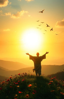 A serene landscape depicting a sunrise over gentle hills, casting warm golden light and soft pastels in the sky