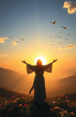 A serene landscape depicting a sunrise over gentle hills, casting warm golden light and soft pastels in the sky