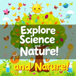 A vibrant and colorful classroom poster focusing on the theme of Science and Nature, featuring a lush green tree with colorful leaves, various animals like a friendly fox, cheerful birds, and playful butterflies around it