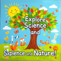 A vibrant and colorful classroom poster focusing on the theme of Science and Nature, featuring a lush green tree with colorful leaves, various animals like a friendly fox, cheerful birds, and playful butterflies around it