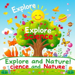 A vibrant and colorful classroom poster focusing on the theme of Science and Nature, featuring a lush green tree with colorful leaves, various animals like a friendly fox, cheerful birds, and playful butterflies around it