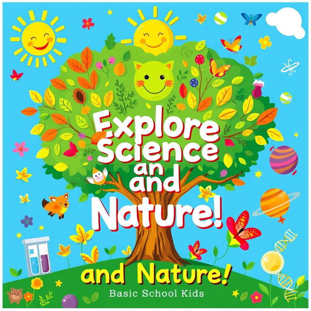 A vibrant and colorful classroom poster focusing on the theme of Science and Nature, featuring a lush green tree with colorful leaves, various animals like a friendly fox, cheerful birds, and playful butterflies around it