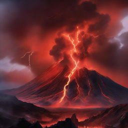 The same colossal, erupting volcano scene but with vibrant, red lightning electrifying the stormy sky, highlighting the chaos of nature's fury.