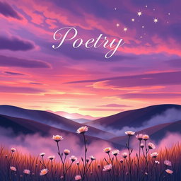 A beautifully illustrated book cover for a poetry collection, featuring an ethereal landscape of a serene twilight scene