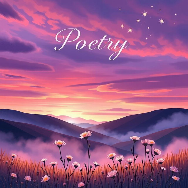 A beautifully illustrated book cover for a poetry collection, featuring an ethereal landscape of a serene twilight scene