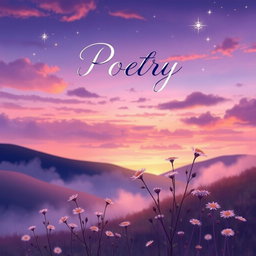 A beautifully illustrated book cover for a poetry collection, featuring an ethereal landscape of a serene twilight scene