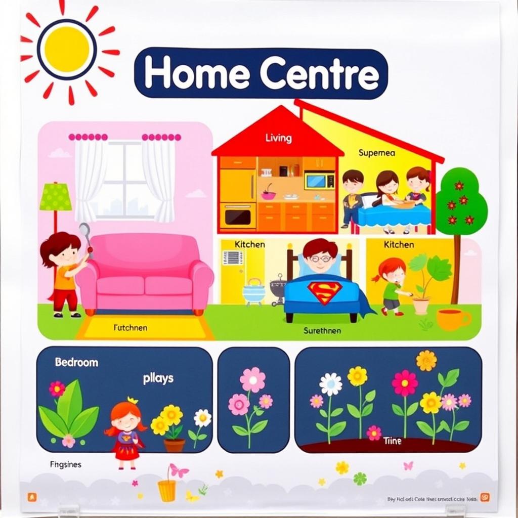 A colorful and engaging classroom poster titled 'Home Centre' designed for basic school kids