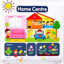 A colorful and engaging classroom poster titled 'Home Centre' designed for basic school kids