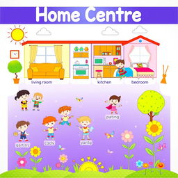 A colorful and engaging classroom poster titled 'Home Centre' designed for basic school kids