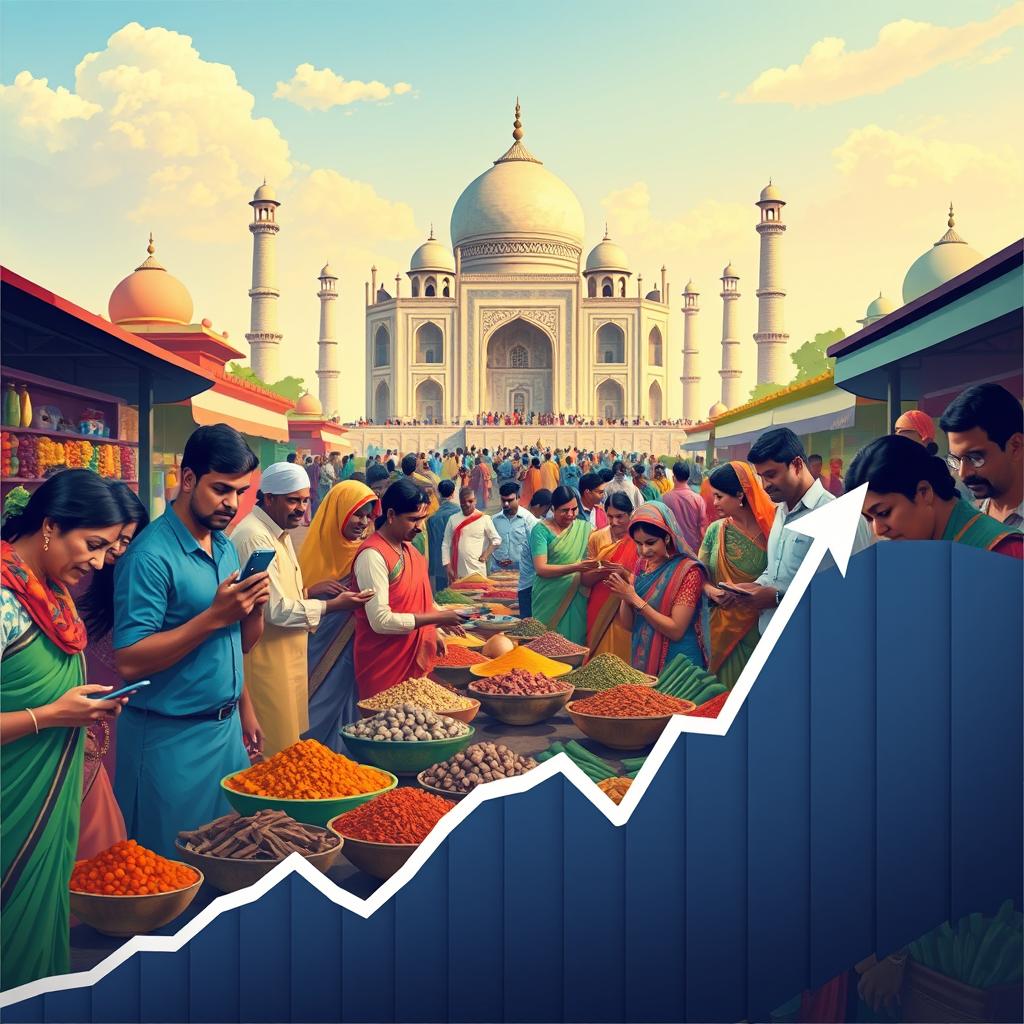 A vibrant and colorful representation of India as an emerging market, featuring a bustling market scene with diverse people engaging in trade