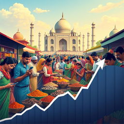 A vibrant and colorful representation of India as an emerging market, featuring a bustling market scene with diverse people engaging in trade