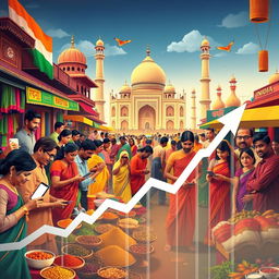 A vibrant and colorful representation of India as an emerging market, featuring a bustling market scene with diverse people engaging in trade