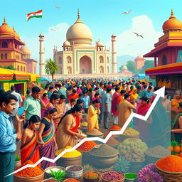 A vibrant and colorful representation of India as an emerging market, featuring a bustling market scene with diverse people engaging in trade