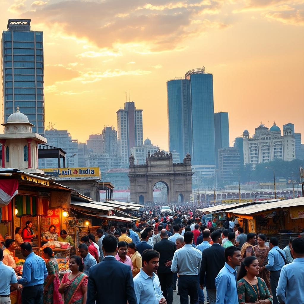 A vibrant and dynamic cityscape of Mumbai, India, showcasing modern skyscrapers and traditional architecture side by side