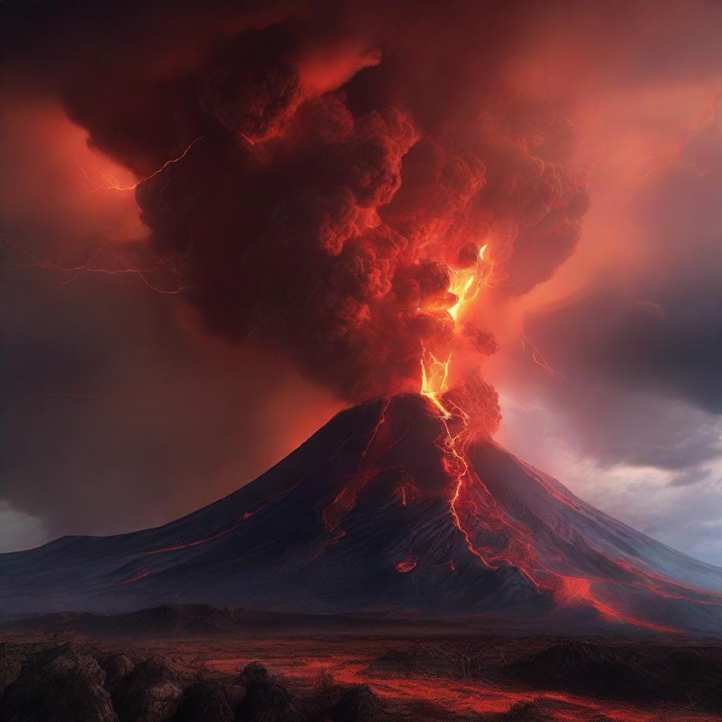 The same colossal, erupting volcano scene but with vibrant, red lightning electrifying the stormy sky, highlighting the chaos of nature's fury.